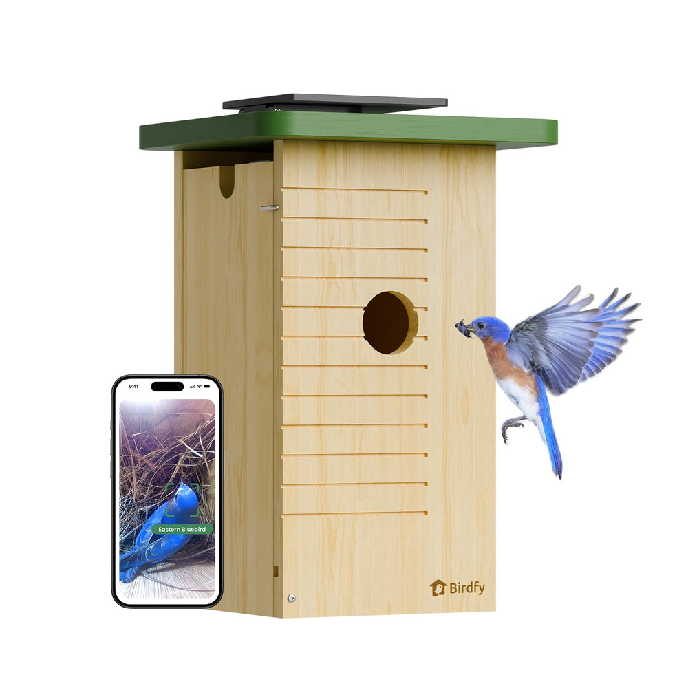 Birdfy front view showing natural fir wood and entrance hole, inviting habitat