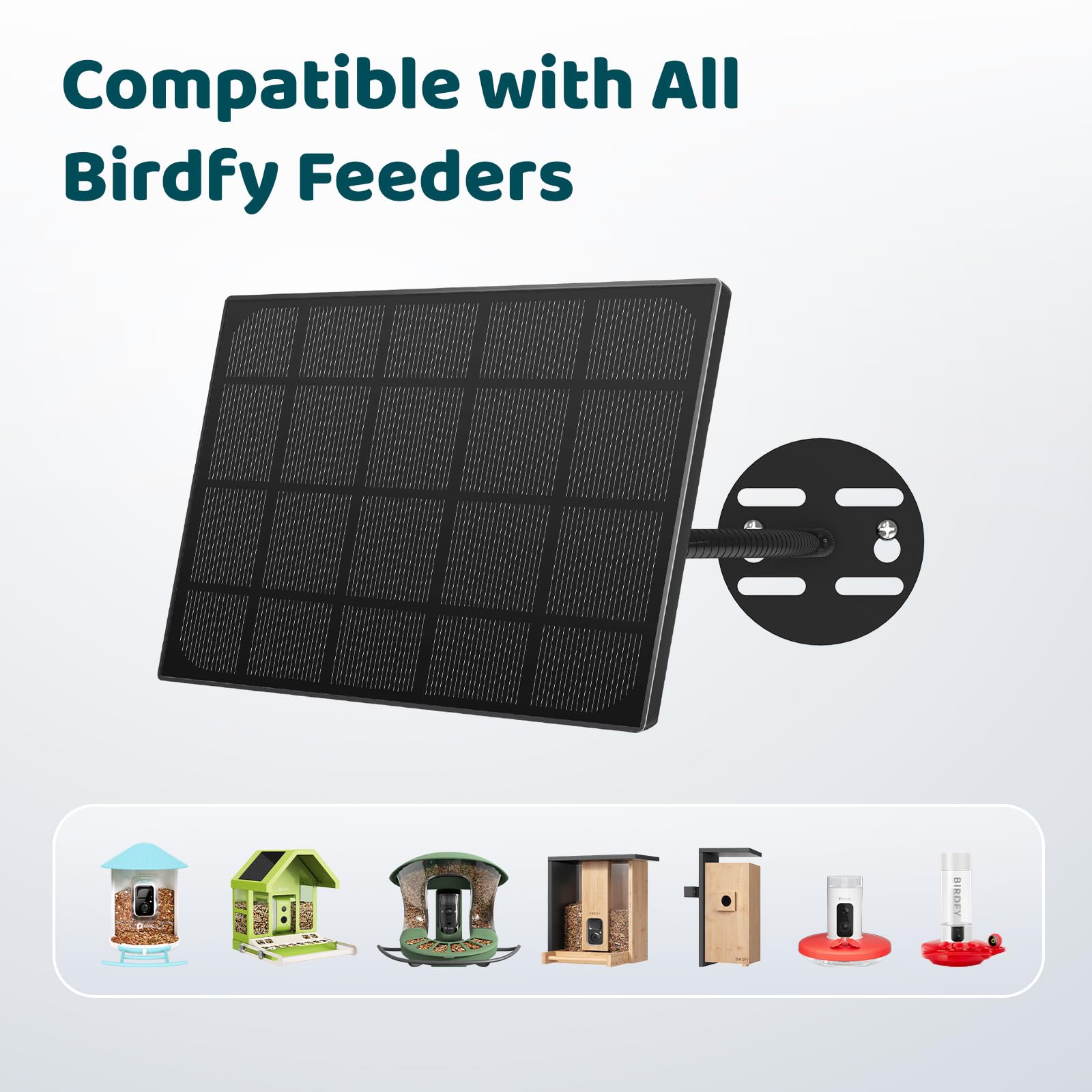 Birdfy solar panel mounted on a pole near a feeder camera in backyard for continuous power