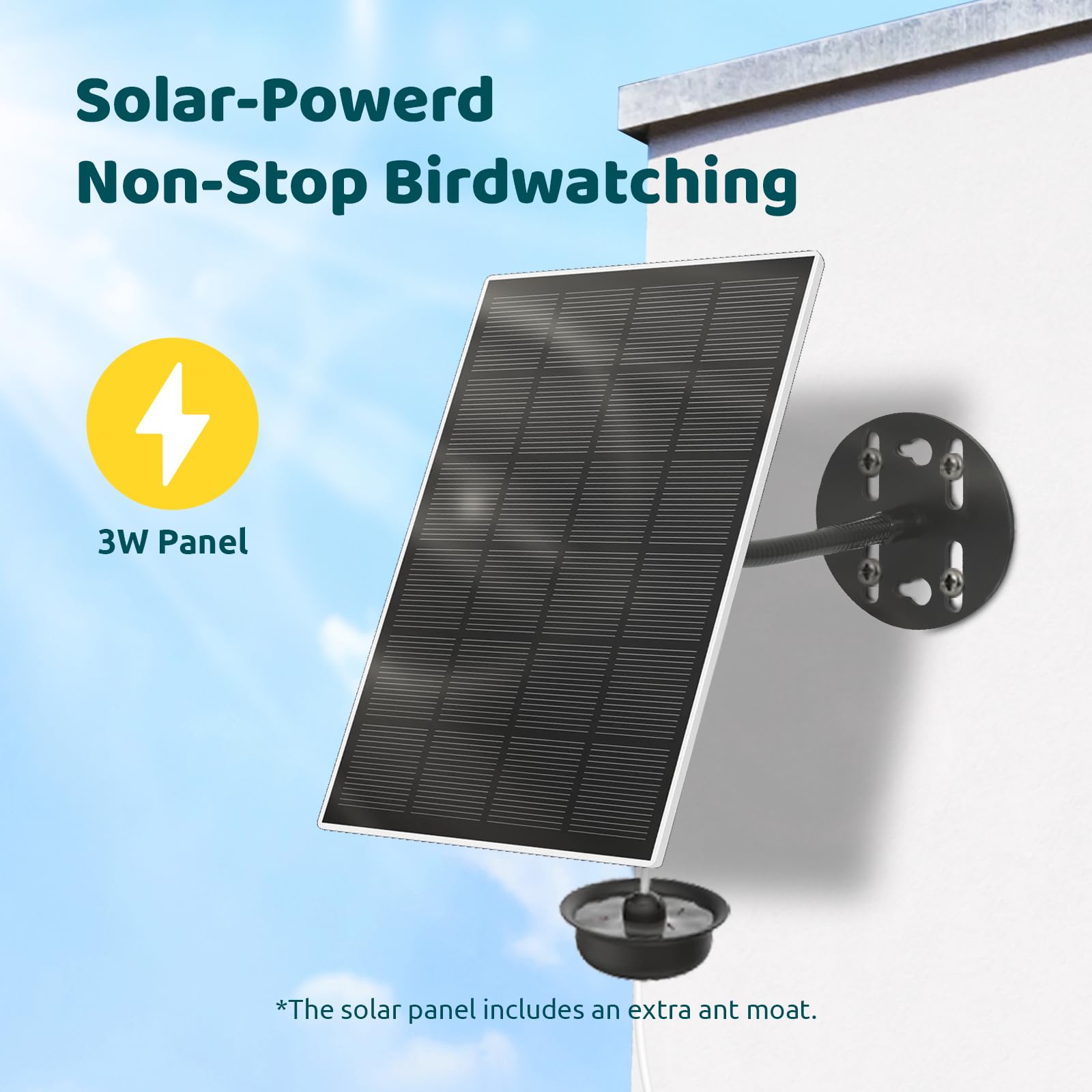 Birdfy solar panel top view providing continuous power outdoors