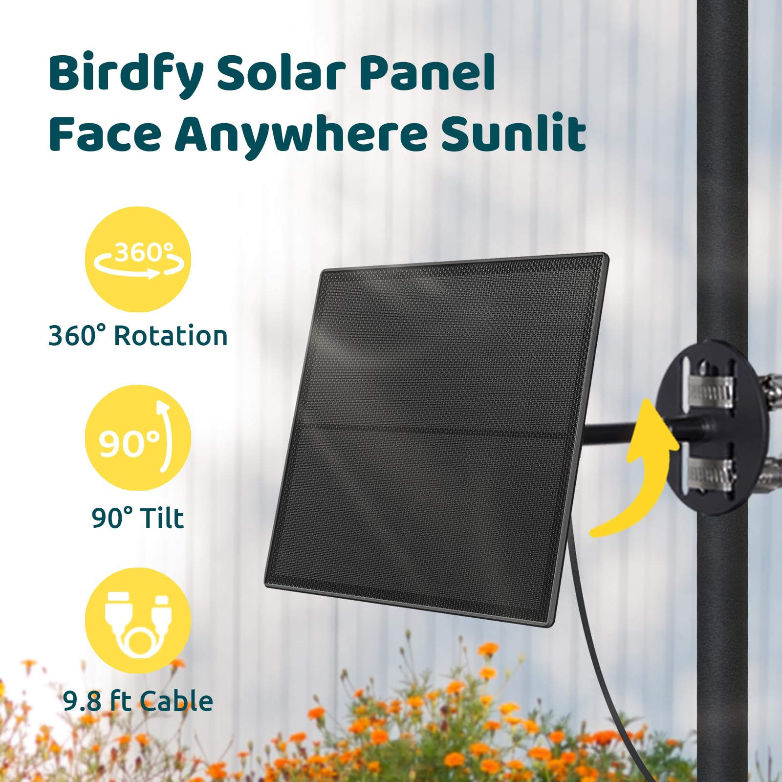 Birdfy Type-C cable plugged in showing 9.8ft cable length for flexible placement benefit