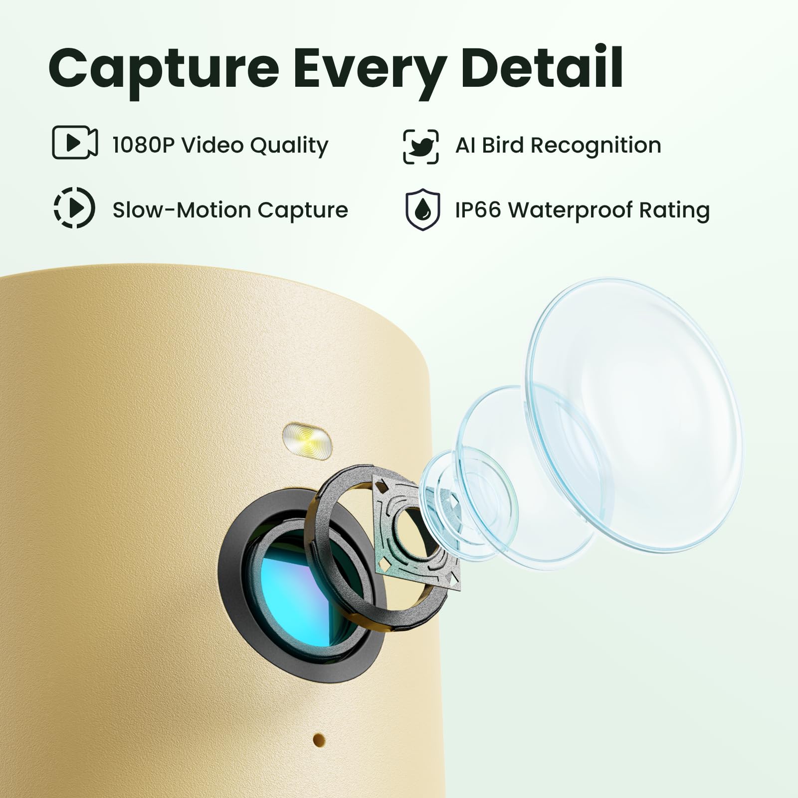 Birdfy IP66 waterproof seal close-up showing weatherproof protection benefit