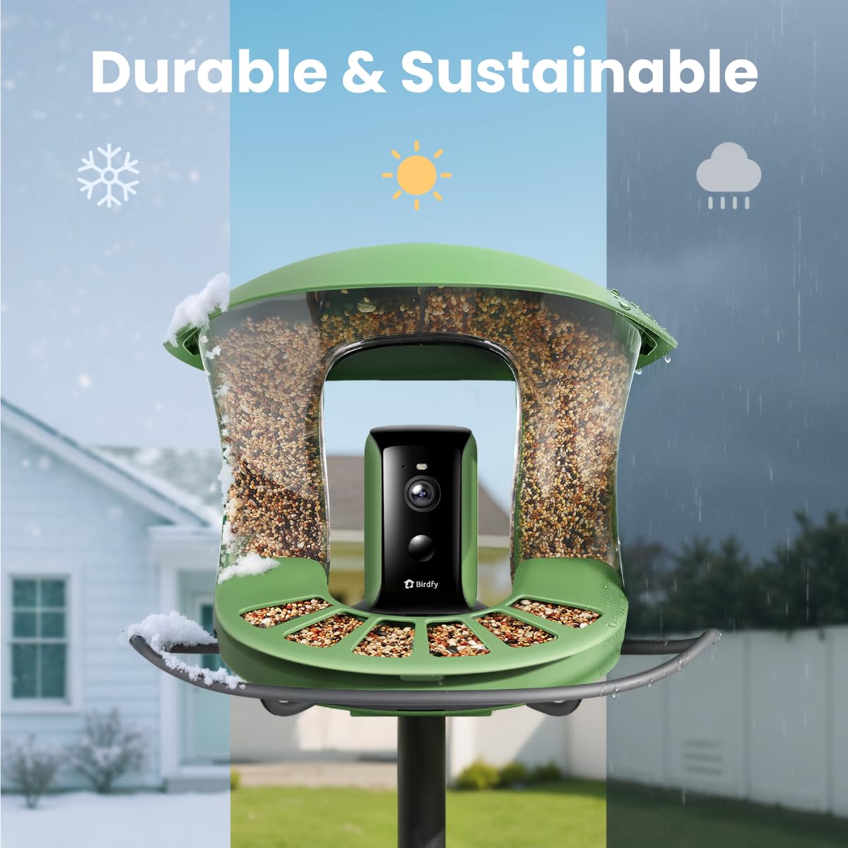 Birdfy housing detail showing recycled ABS and weatherproof protection
