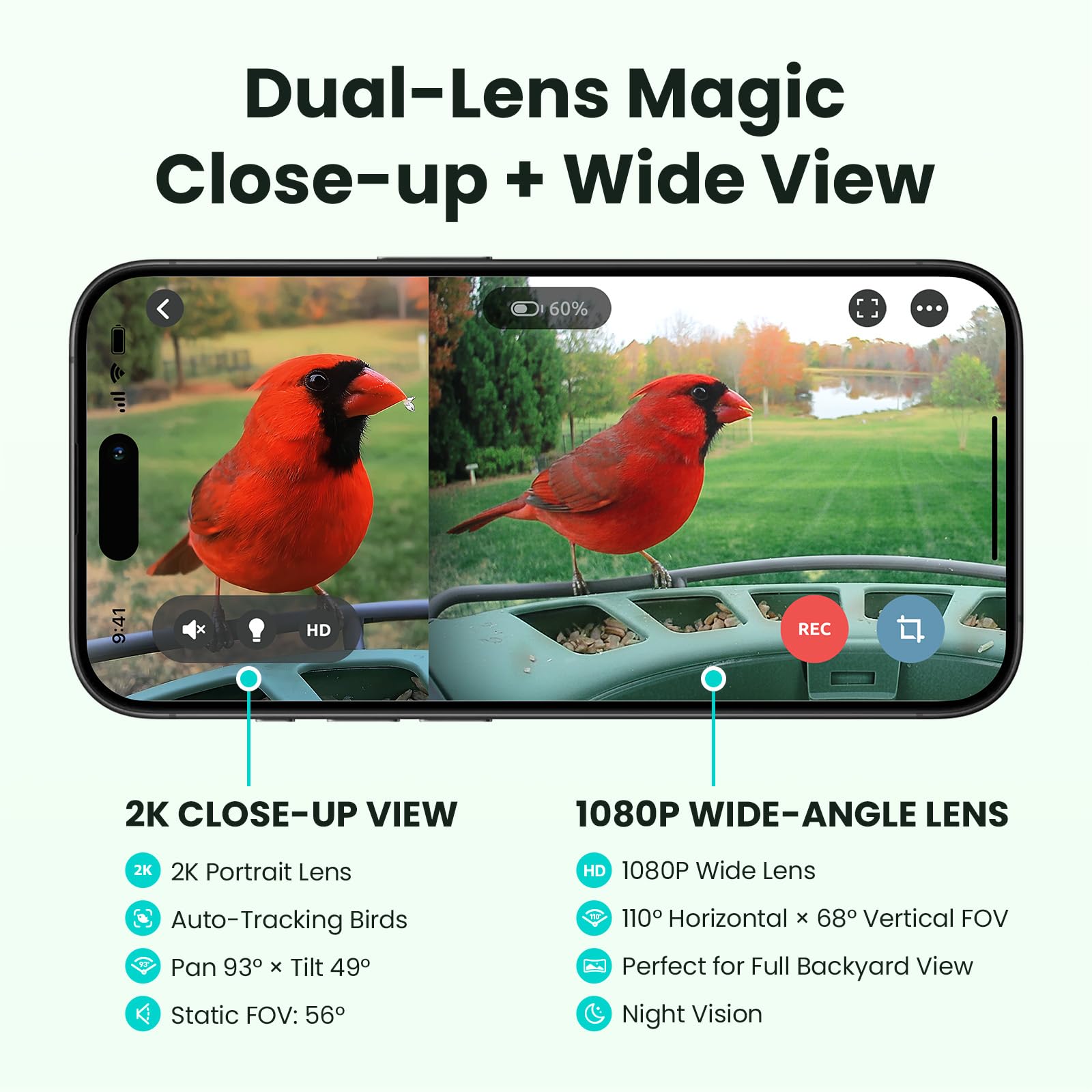 Birdfy wide-angle 1080p lens illustrating fuller scene framing and context benefit