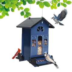 Birdkiss front view showing country house feeder attracting birds and protecting seed