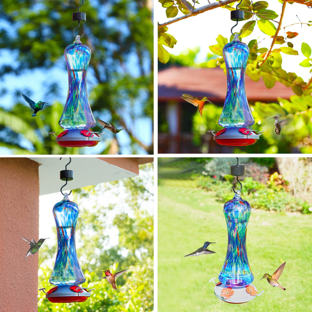 Birdkiss feeder hanging in garden among flowers, creates inviting backyard wildlife spot