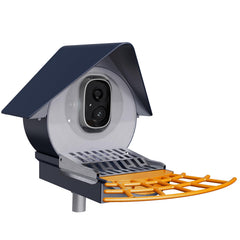 Birdkiss front view deep blue feeder showing weatherproof design and clear camera