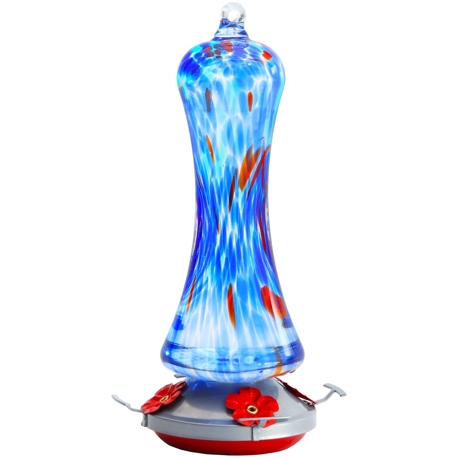 Birdkiss front view showing colorful blown glass and four ports, attracts hummingbirds