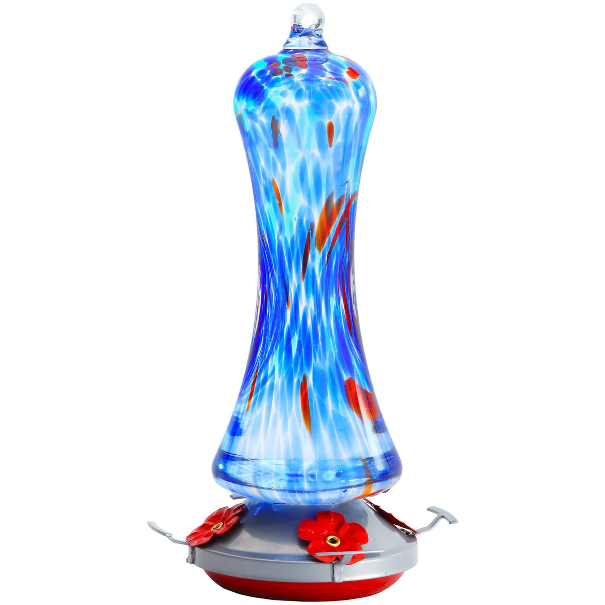Birdkiss front view showing colorful blown glass and four ports, attracts hummingbirds