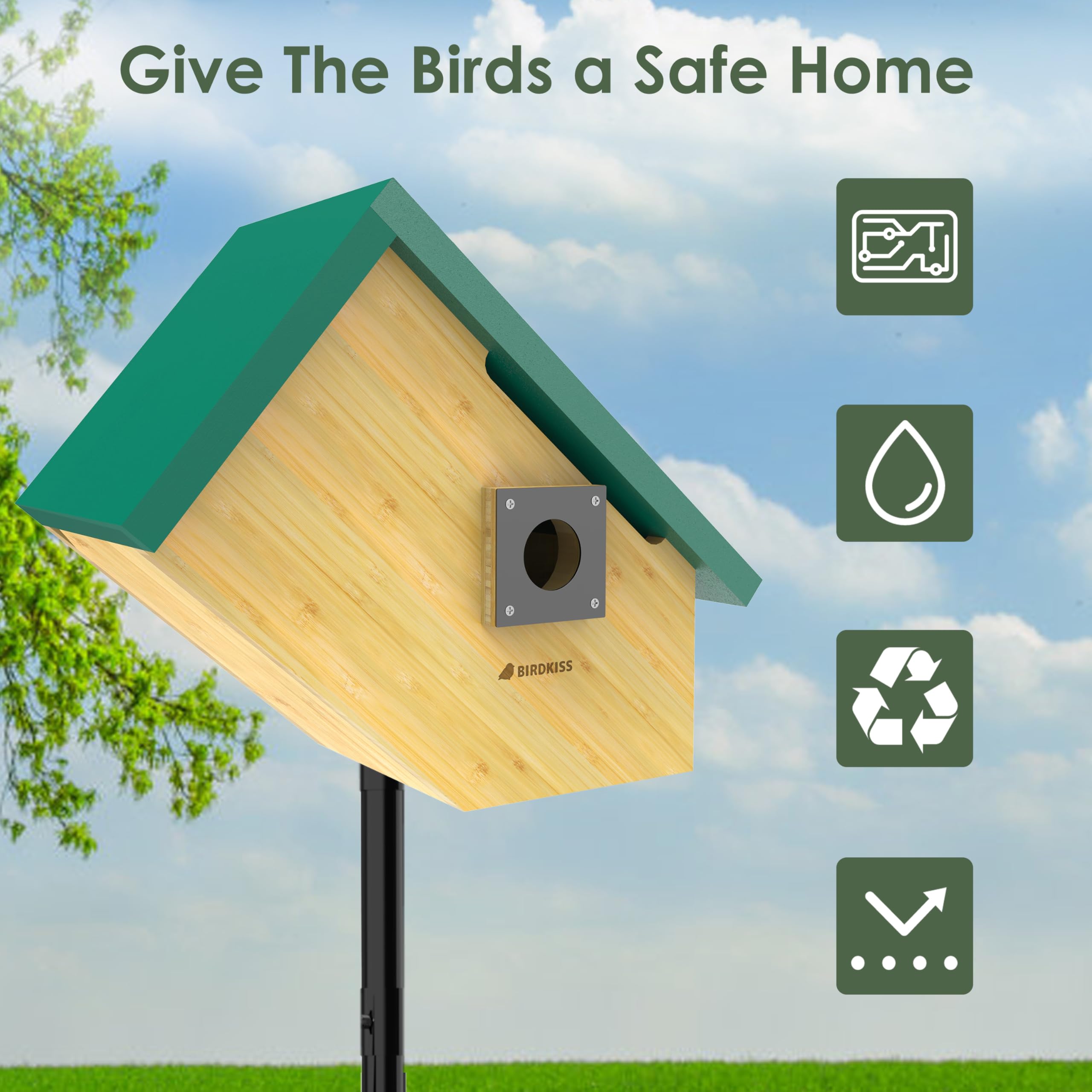 Birdkiss bird house in backyard garden showing portable nature-watching setup