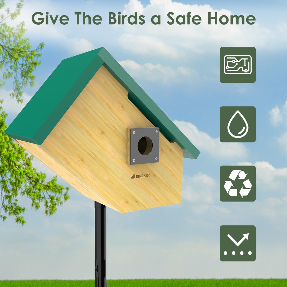 Birdkiss bird house in backyard garden showing portable nature-watching setup
