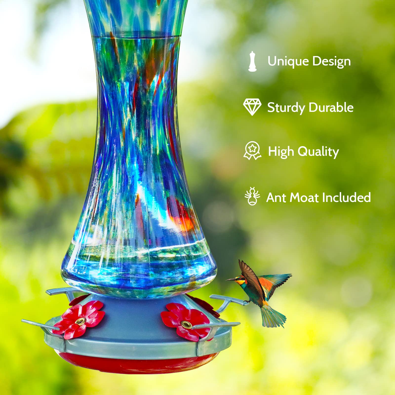 Birdkiss feeder held in hand for scale, shows 38 fl. oz capacity and portability