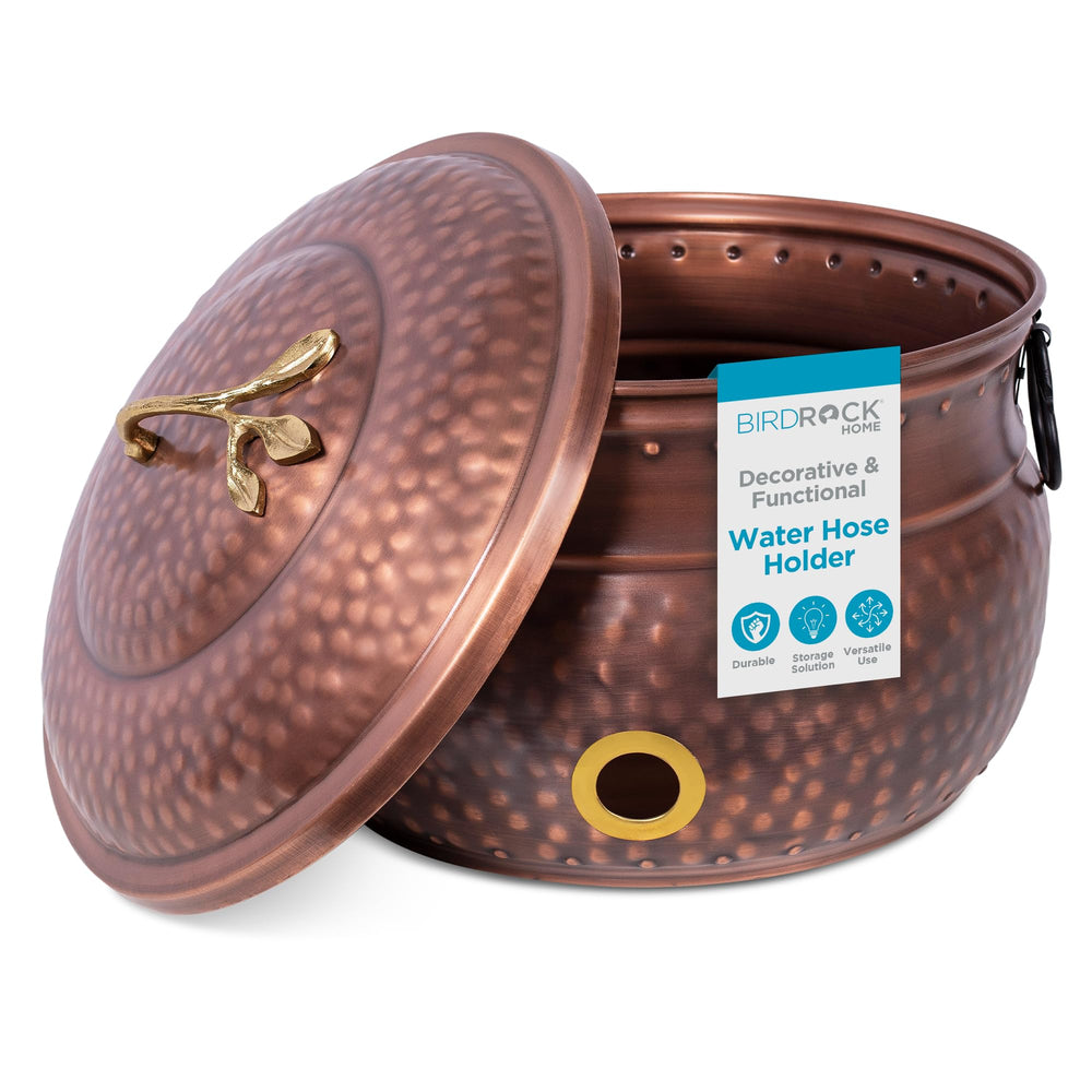 BIRDROCK HOME front view of embossed hose pot shows tidy outdoor storage and style