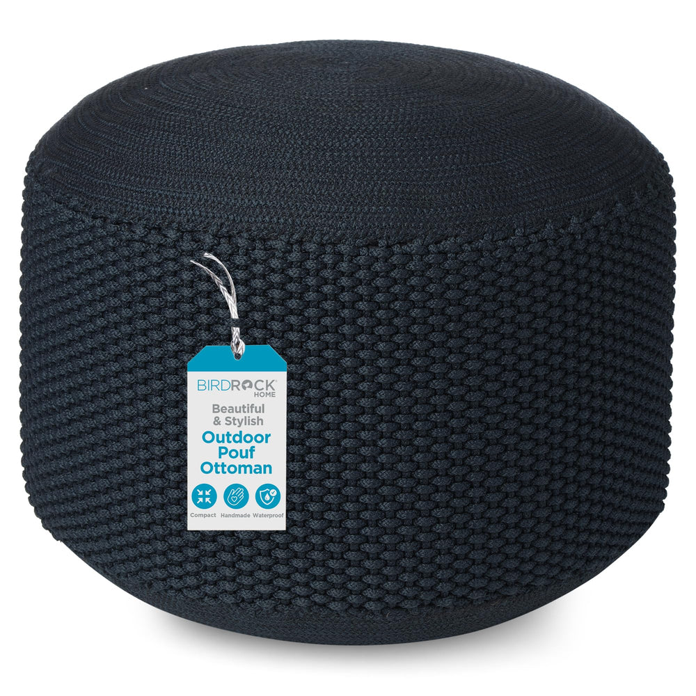BIRDROCK HOME navy pouf front view showing compact outdoor seating benefit