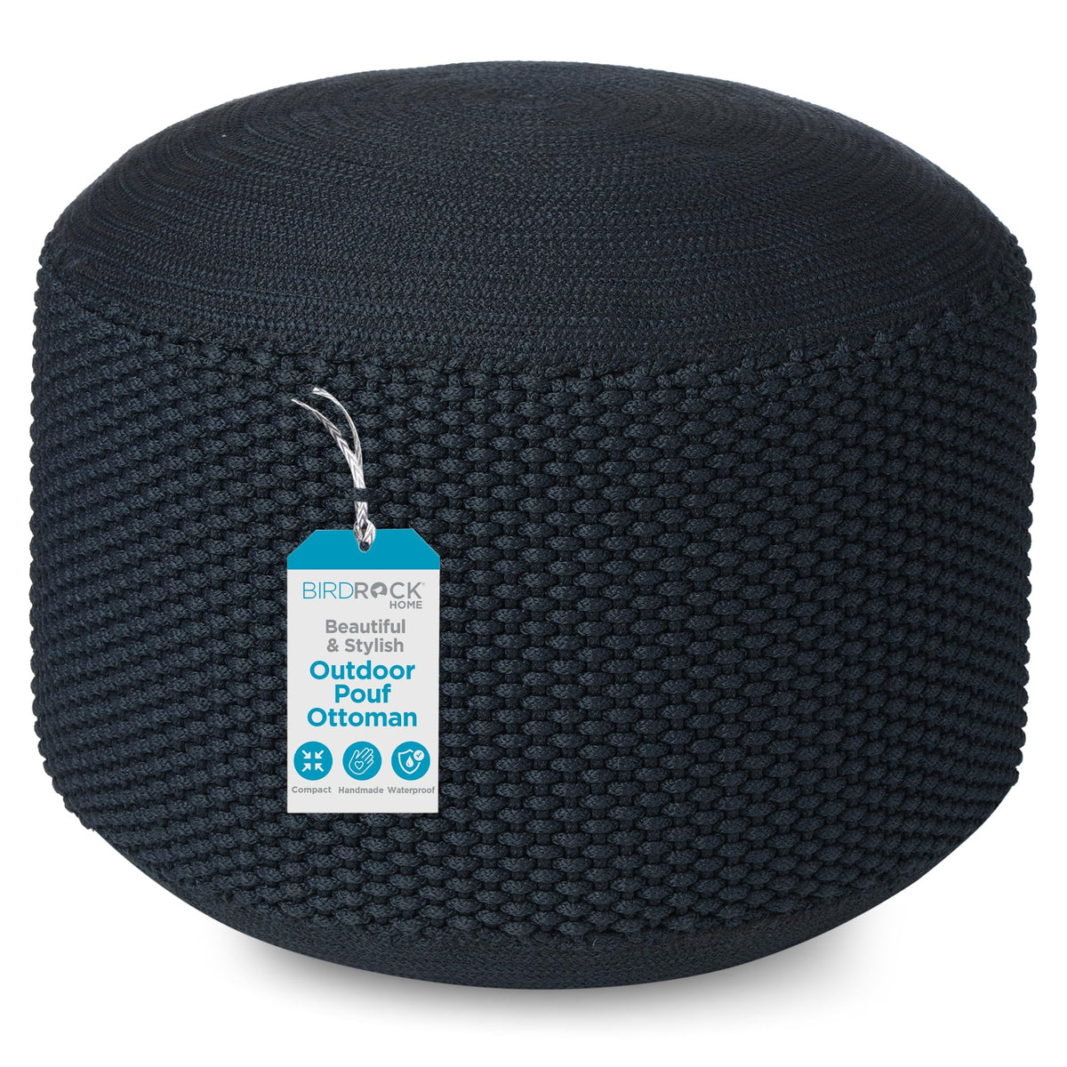 BIRDROCK HOME navy pouf front view showing compact outdoor seating benefit