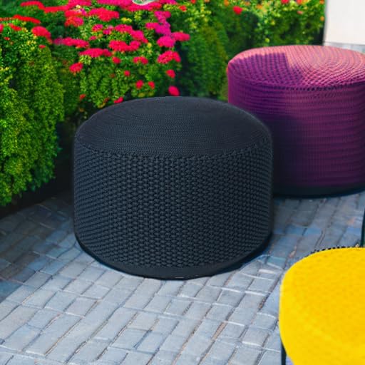 BIRDROCK HOME pouf next to sofa illustrating scale and design match