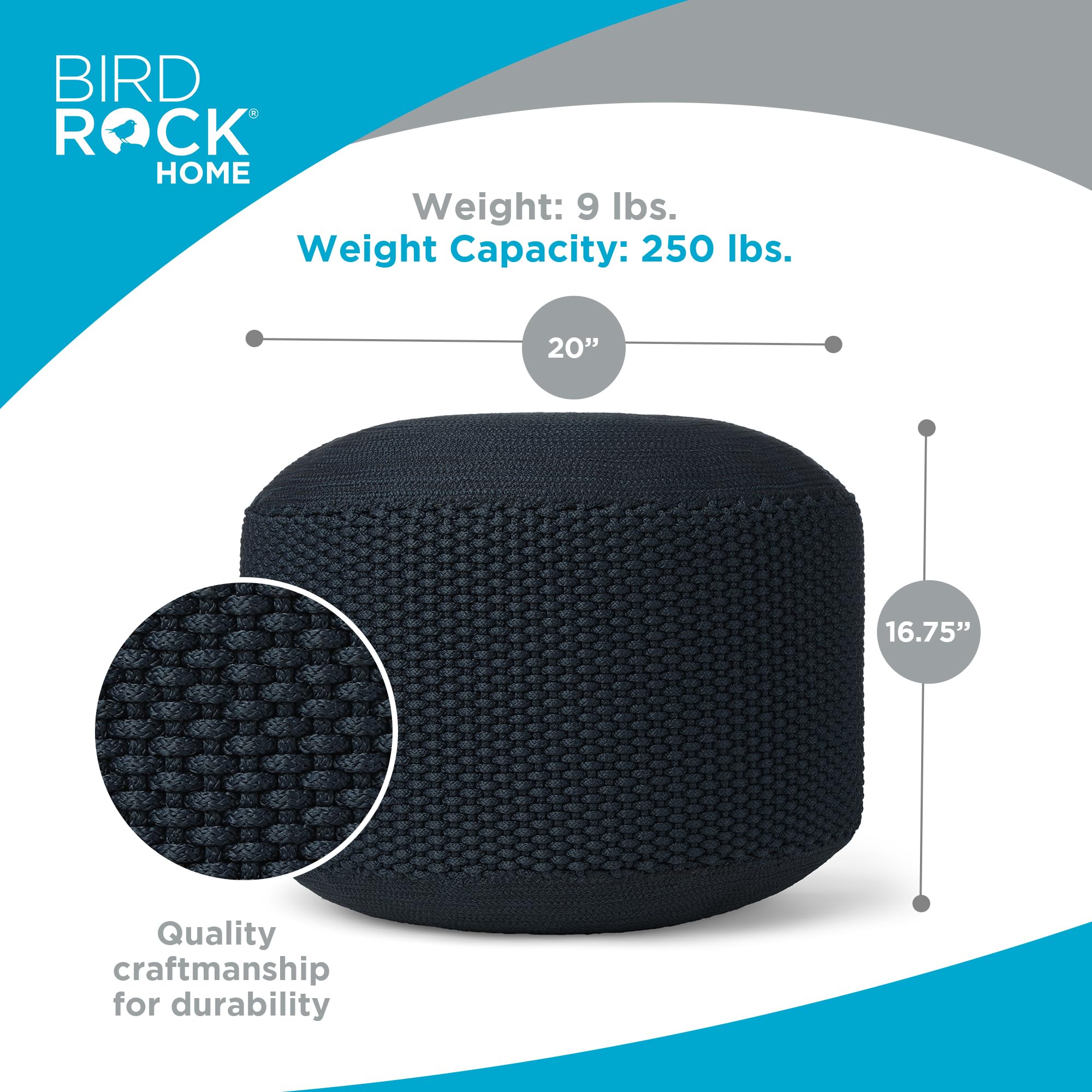 BIRDROCK HOME side profile demonstrating pouf height and stable shape