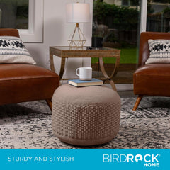 Interior bead bag filling and hidden zipper of BIRDROCK HOME pouf showing supportive cushioning