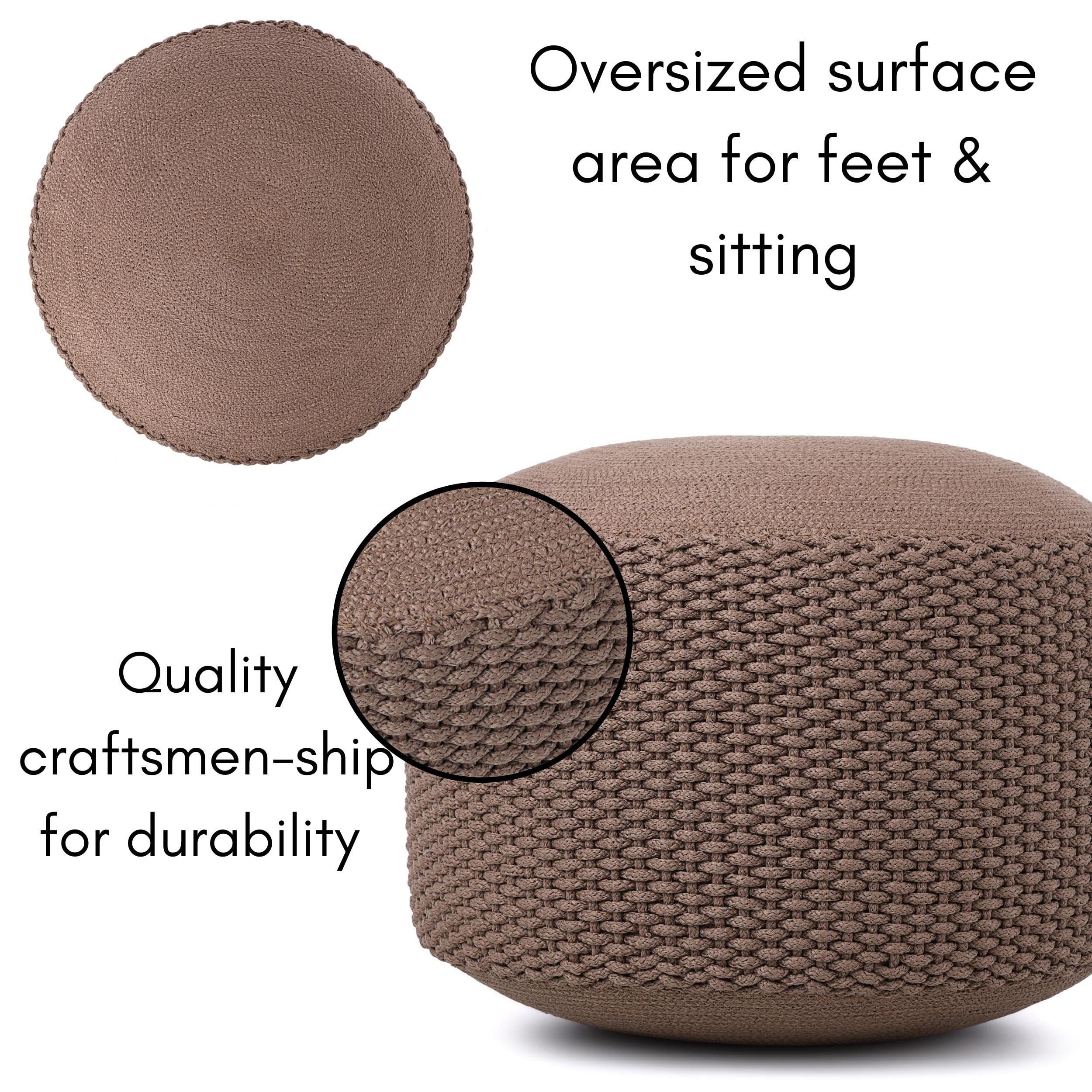 Person carrying BIRDROCK HOME pouf by hand to show lightweight 9-pound portability advantage