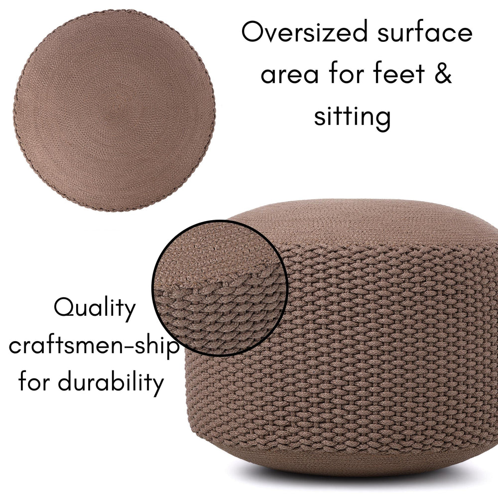Person carrying BIRDROCK HOME pouf by hand to show lightweight 9-pound portability advantage