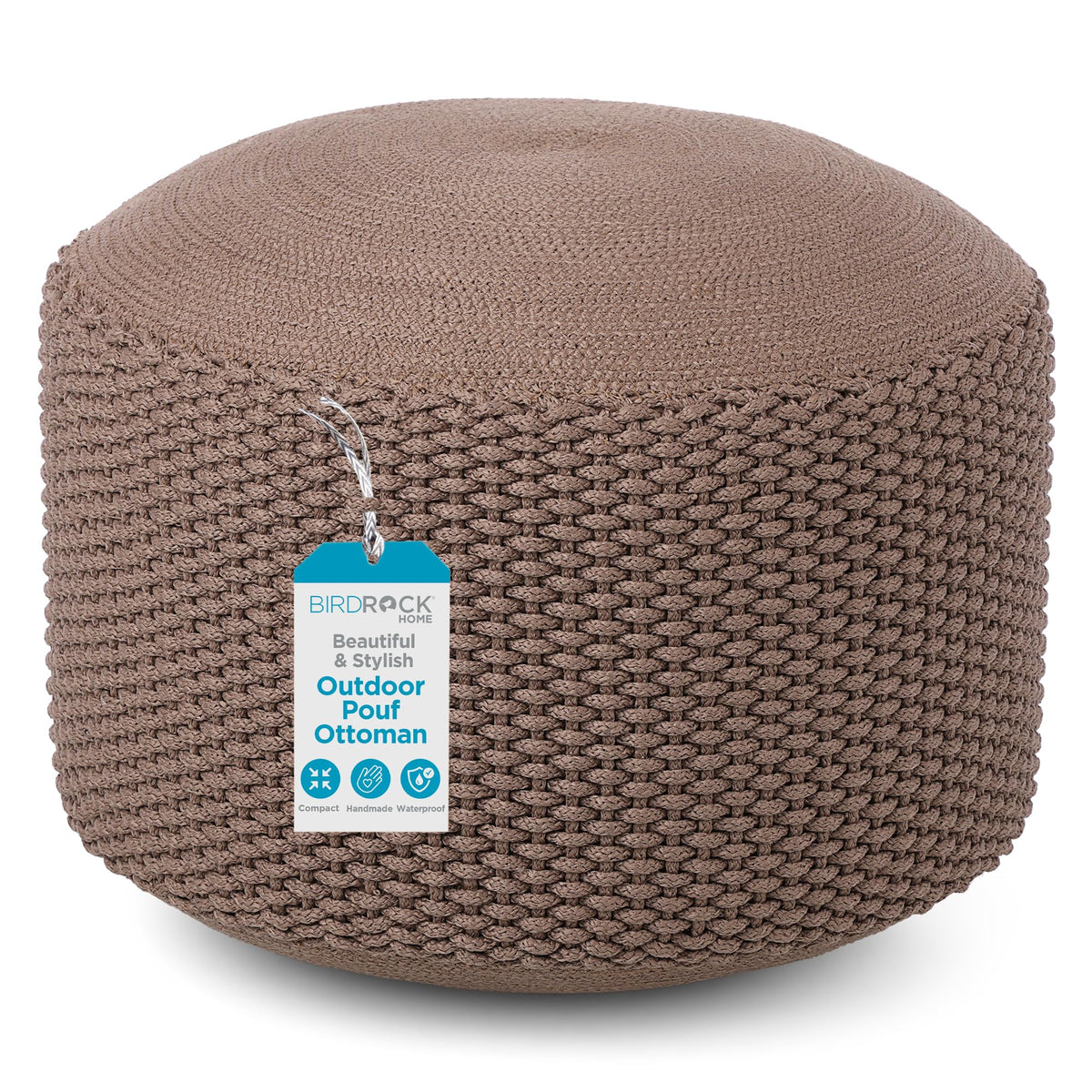 BIRDROCK HOME pouf front view showing shape and neutral brown color for versatile styling