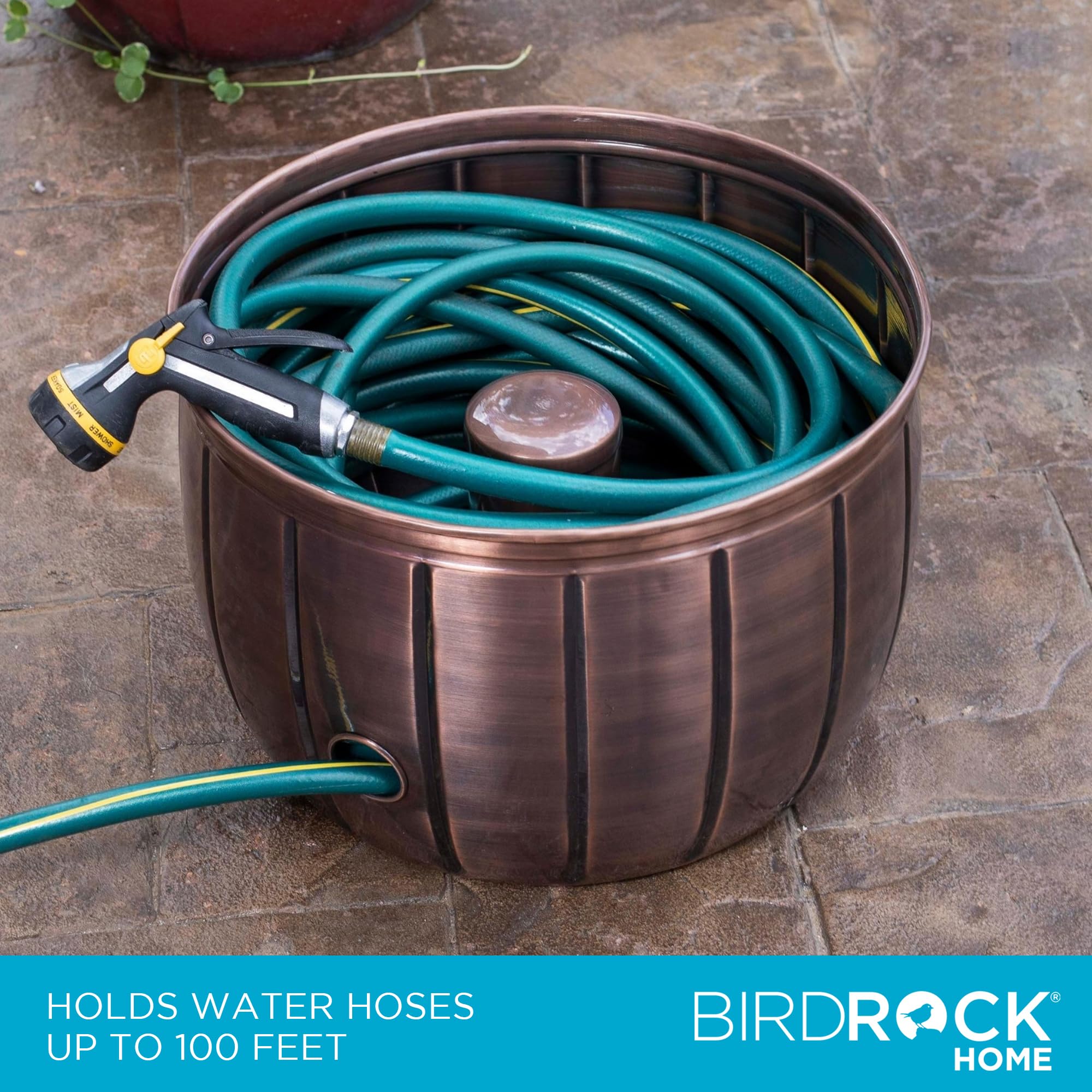 BIRDROCK HOME pot beside coiled hose showing size and 100 ft capacity