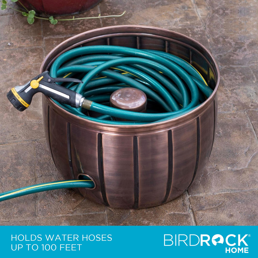 BIRDROCK HOME pot beside coiled hose showing size and 100 ft capacity