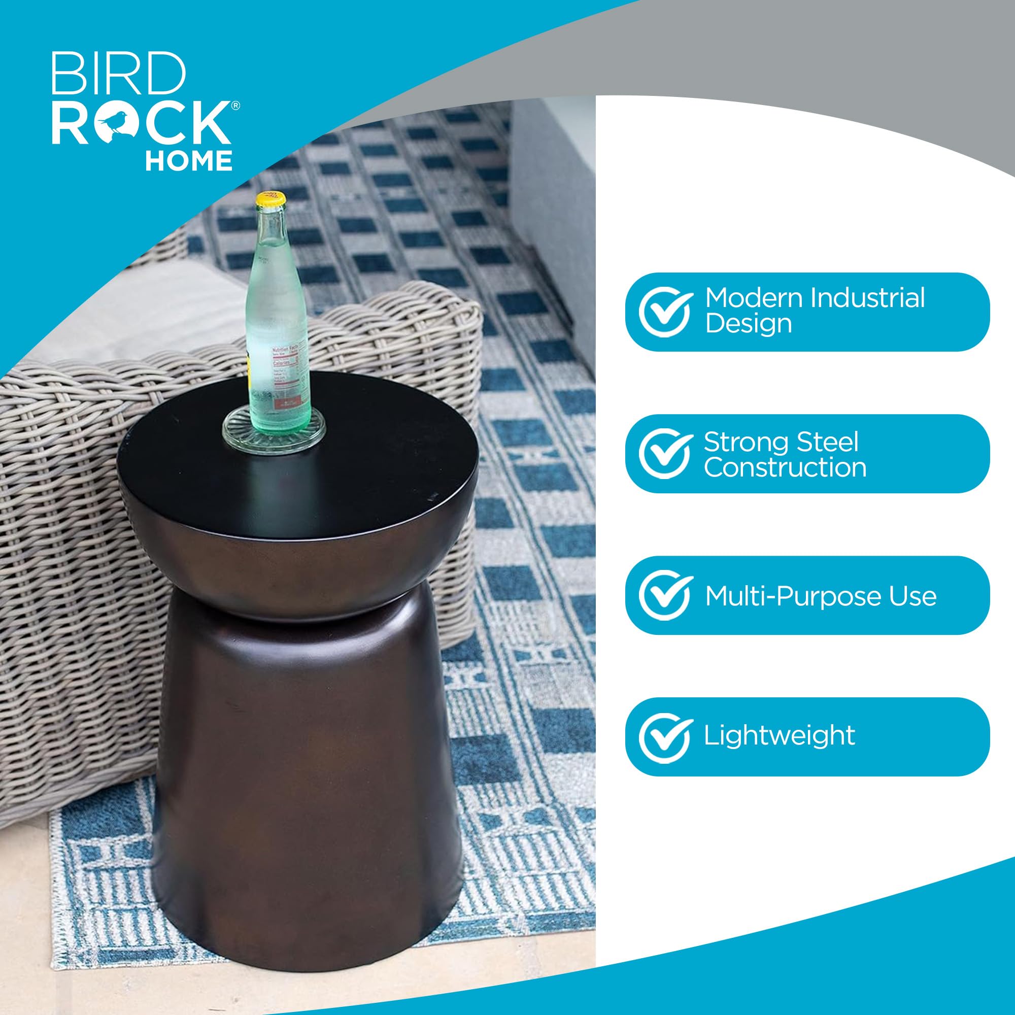 BIRDROCK HOME side profile of stool showing compact shape and sturdy balance