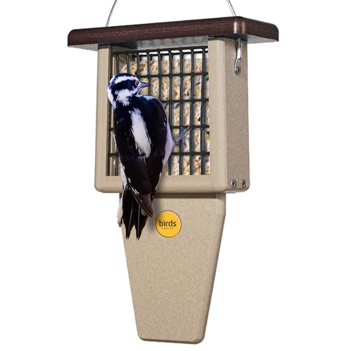 Birds Choice front view of taupe and brown suet feeder showing roof and hanging cable, durable design benefit