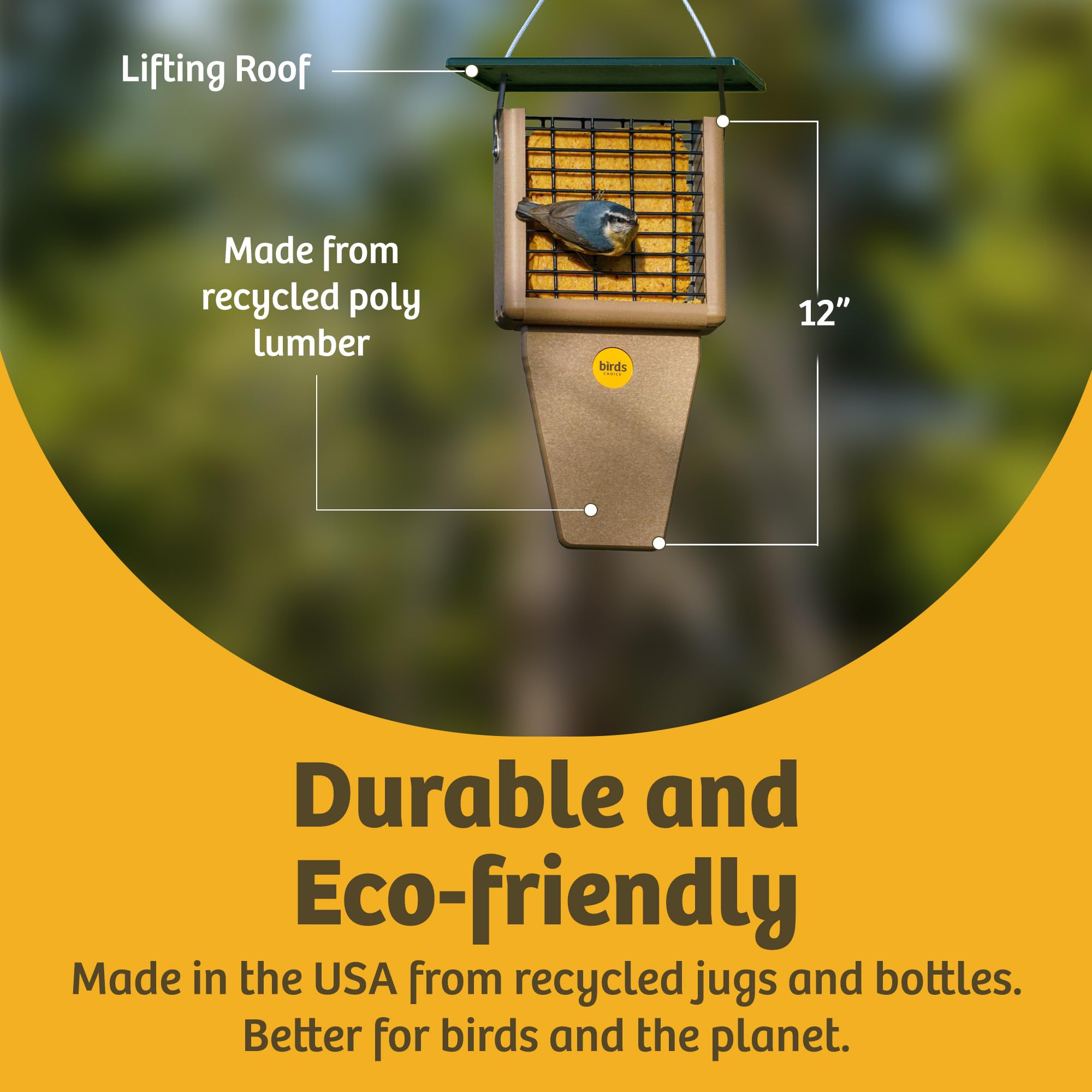 Birds Choice feeder in use with woodpecker clinging and feeding, attracts suet-eating birds reliably