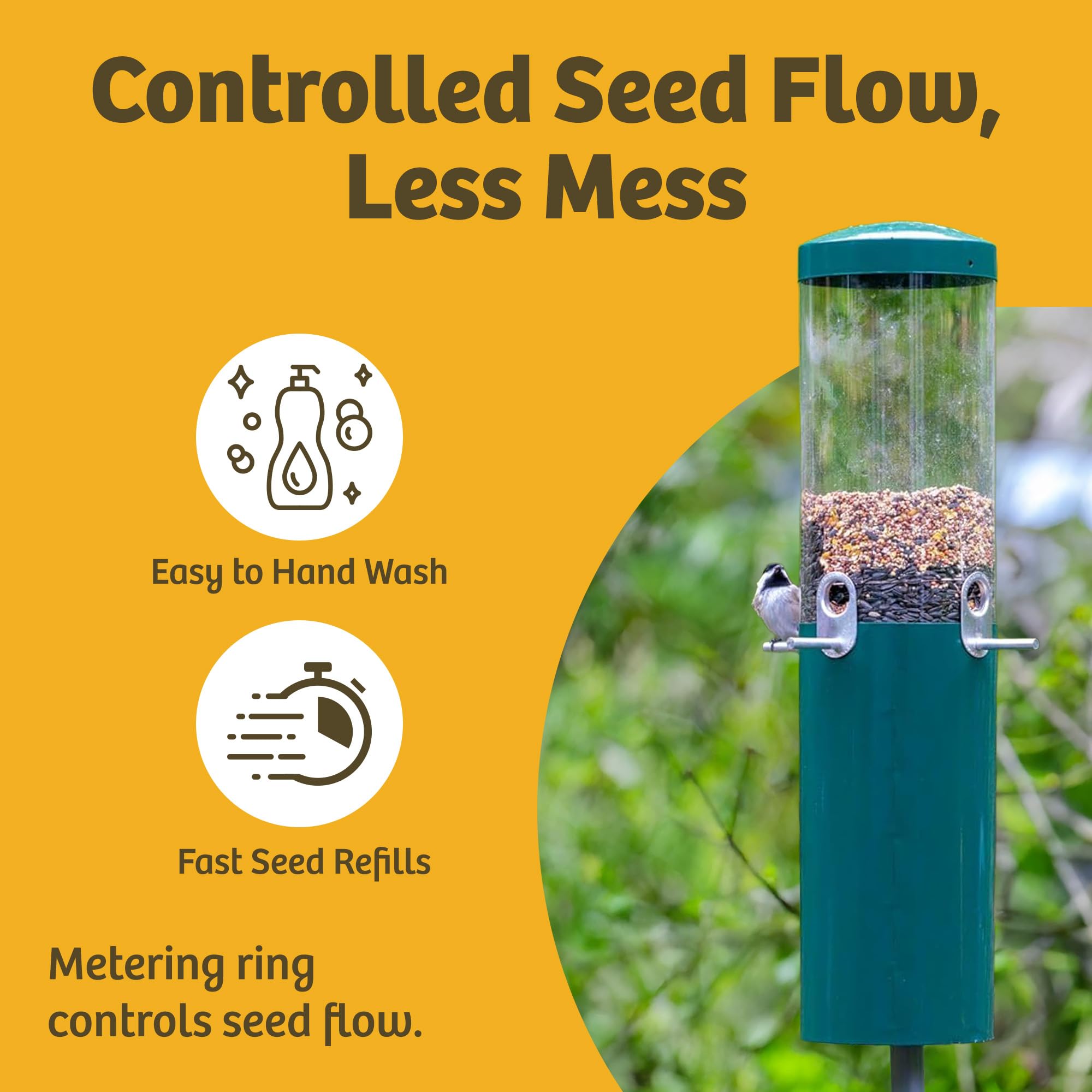 Birds Choice feeder in yard with a cardinal feeding illustrating bird attraction