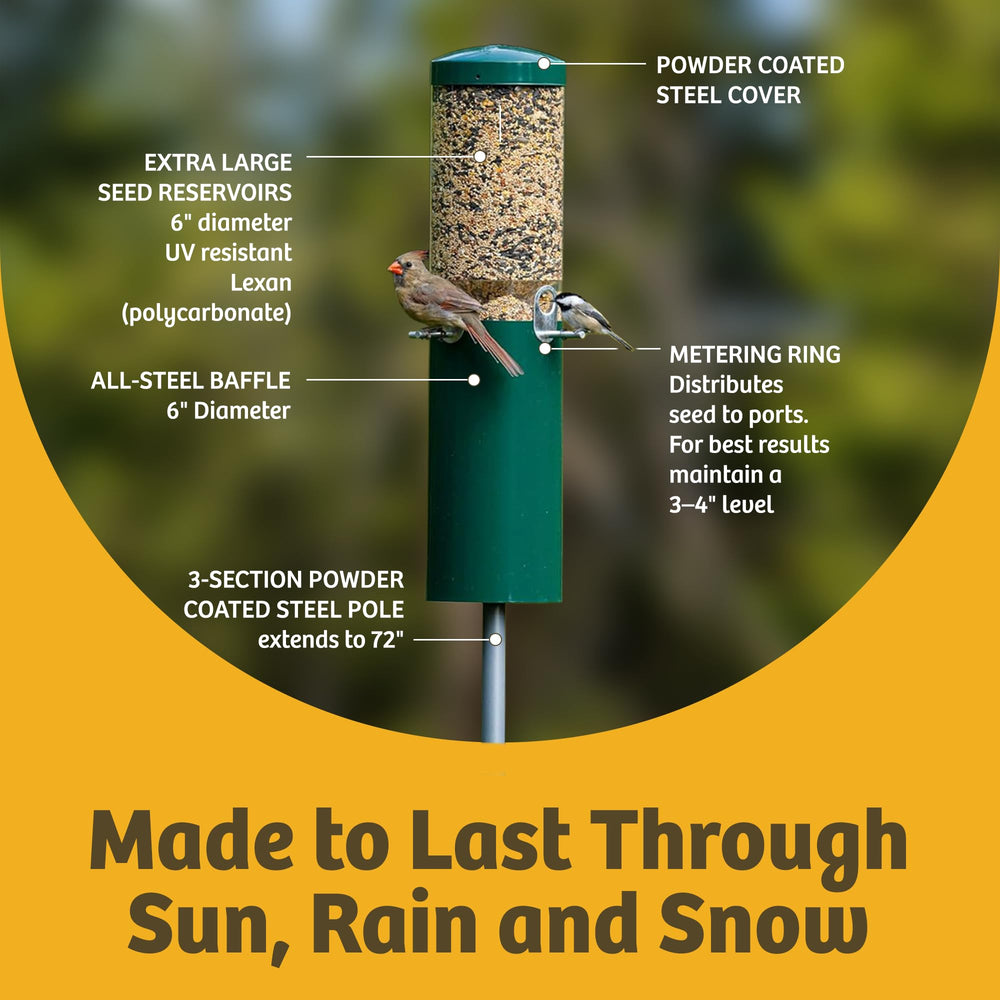 Birds Choice feeder next to hand for scale showing 5 lb capacity convenience