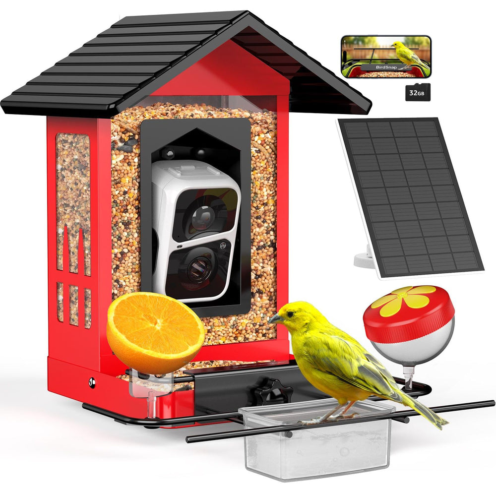 birdsnap front view showing durable metal feeder and secure housing benefit: long-lasting outdoors