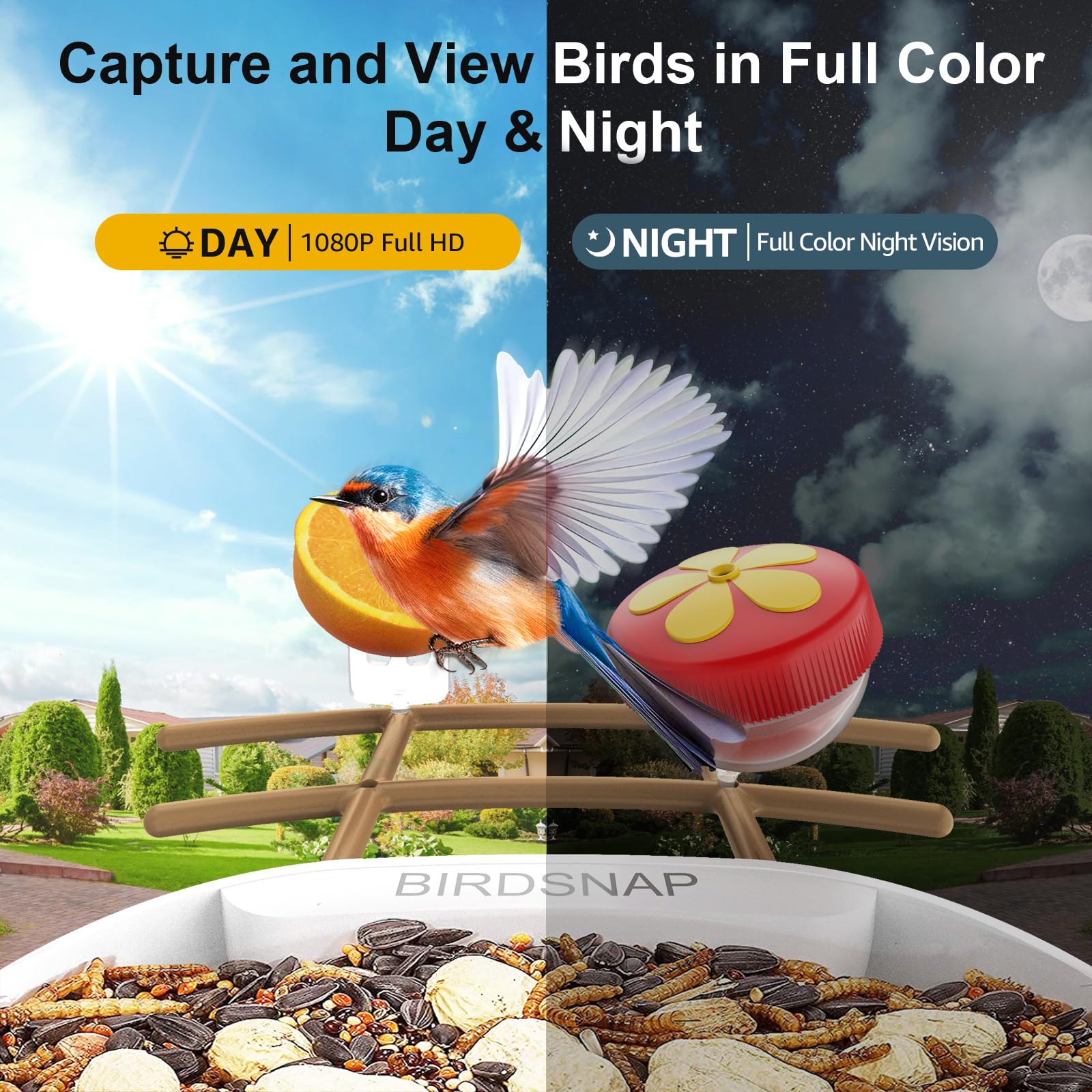 birdsnap assortment of five feeder attachments attracting different bird species