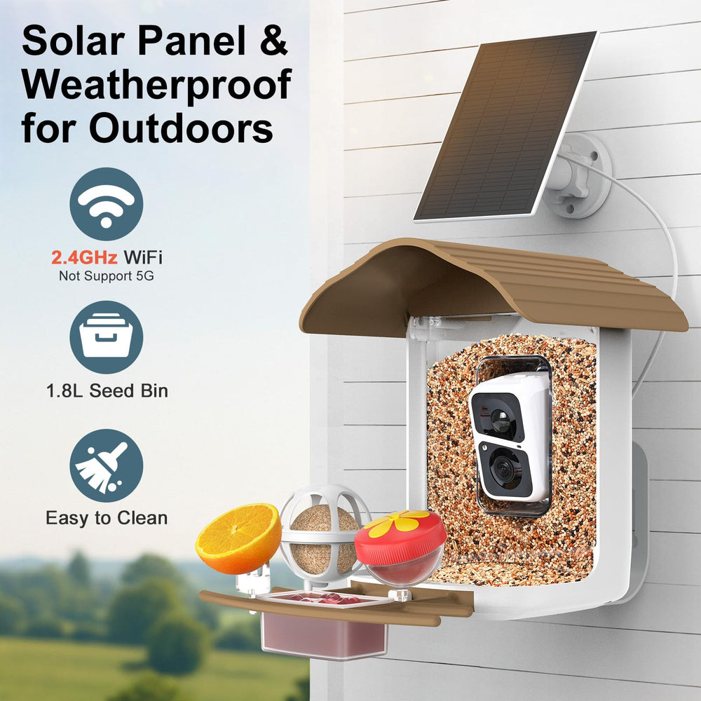 birdsnap feeder mounted in backyard with birds feeding and live viewing benefit