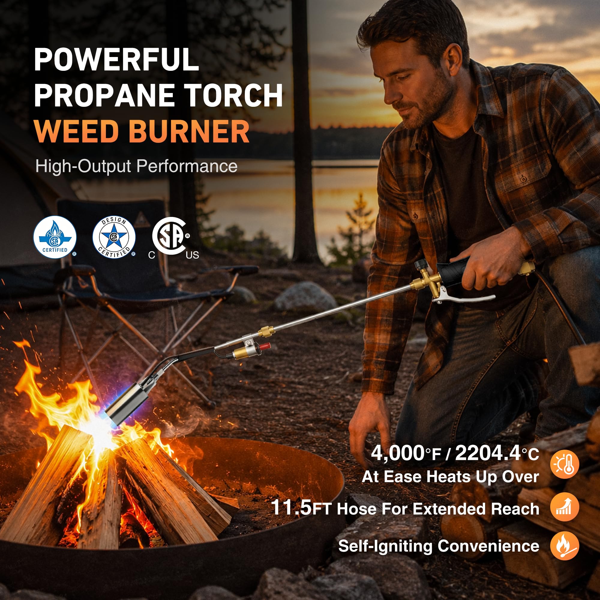 Birfedlot torch in use on weeds illustrating efficient outdoor clearing