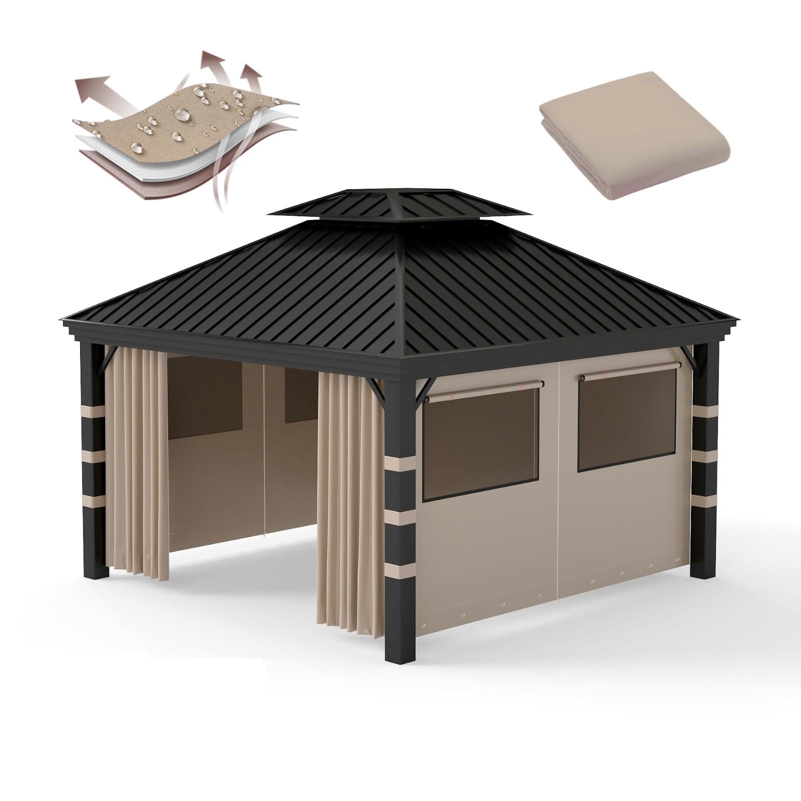 Birodeko front view of four-panel gazebo curtains showing full coverage and privacy benefit