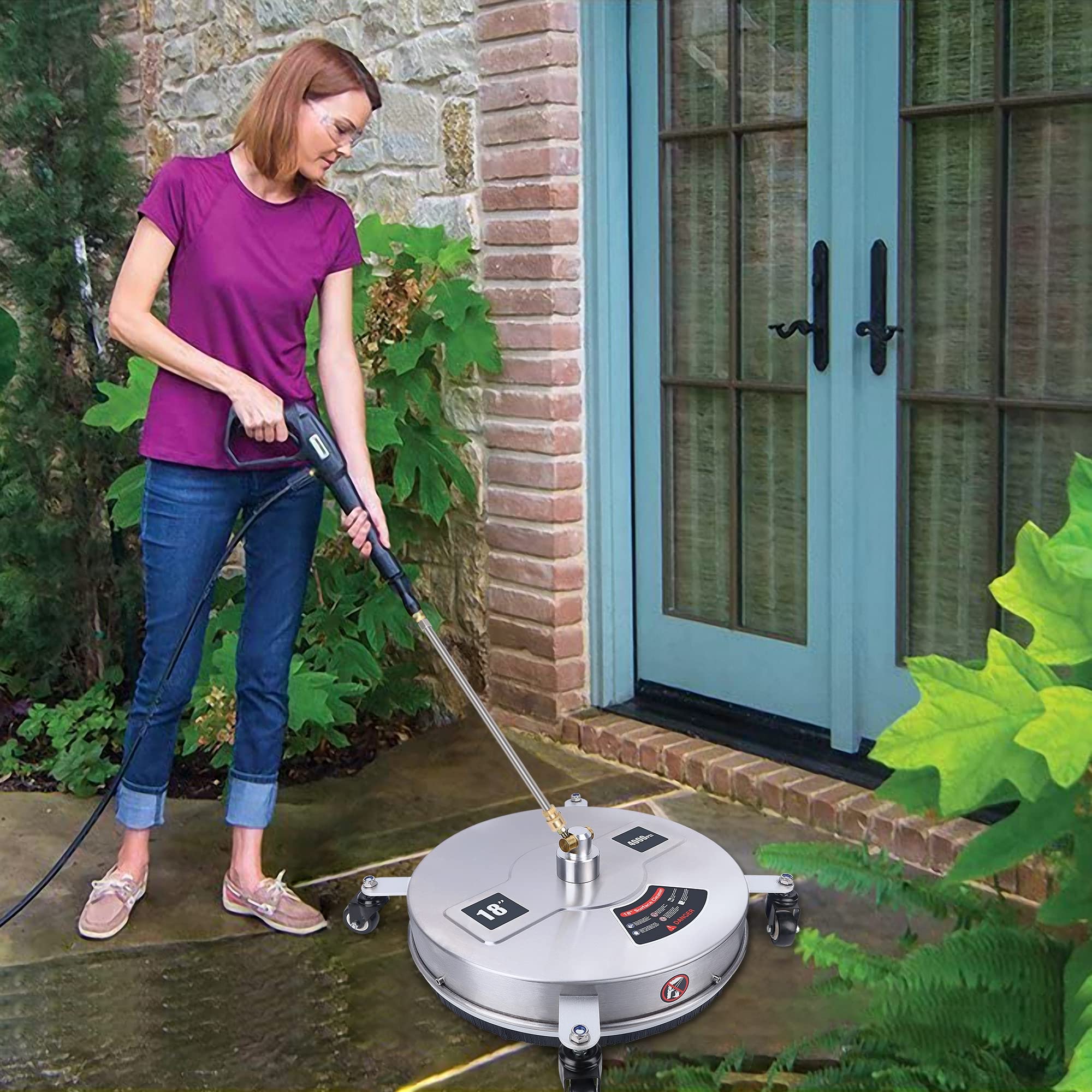 Biswing on driveway in use showing efficient patio and sidewalk cleaning