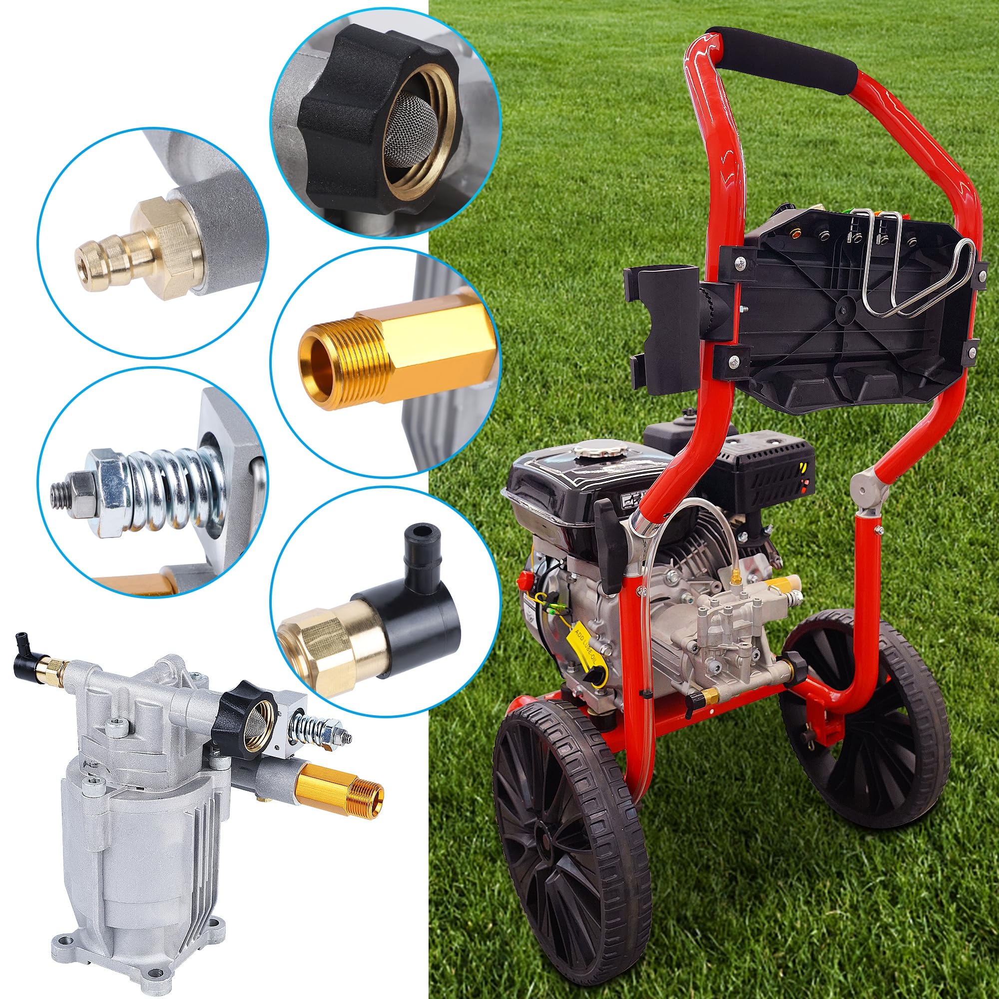 Biswing pump mounted on pressure washer demonstrating straightforward replacement convenience