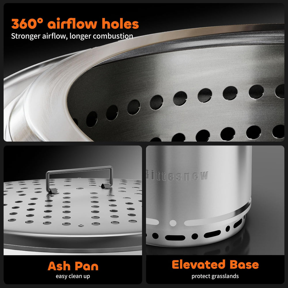 Bittesnew removable ash pan pulled out demonstrating easy cleaning and fast ash disposal
