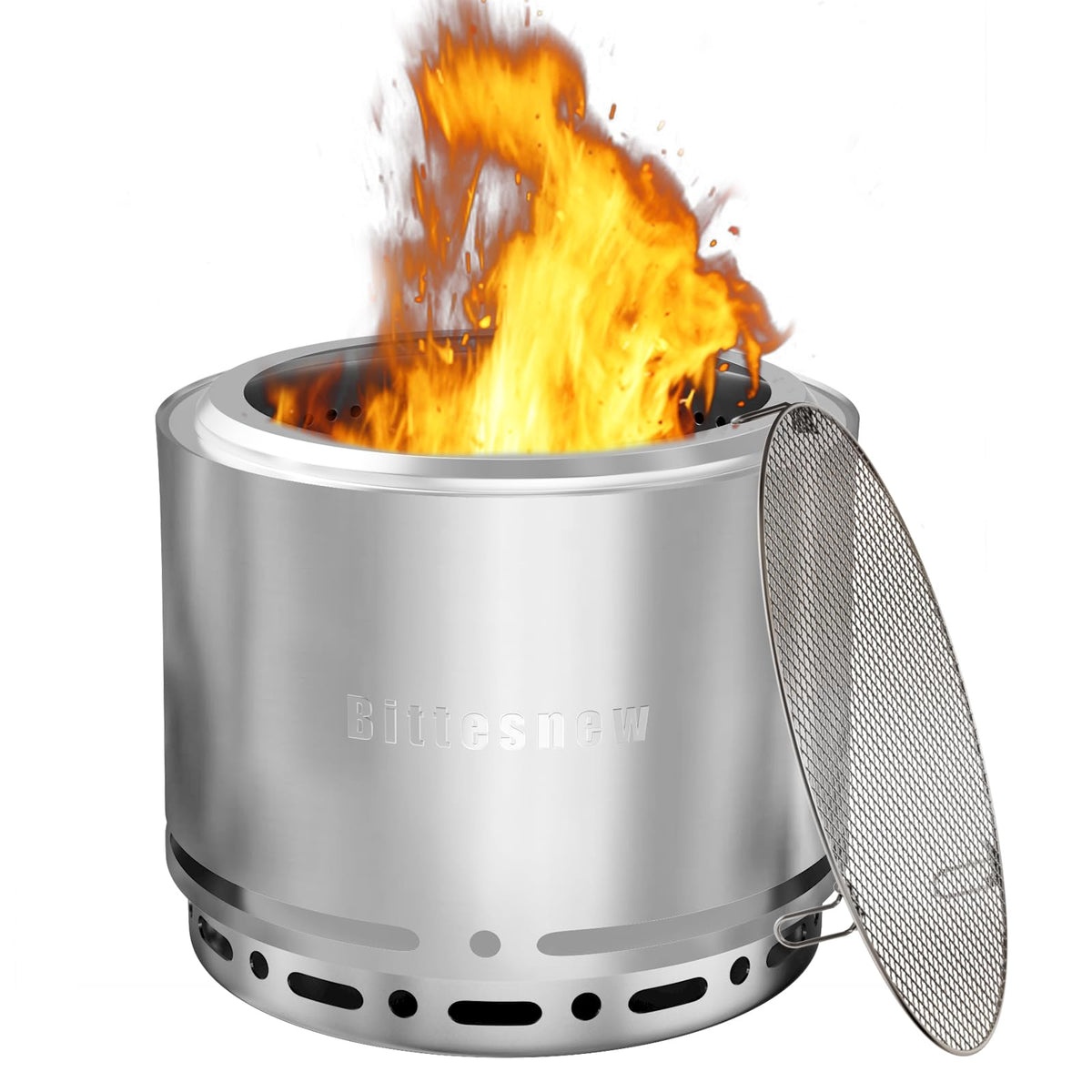 Bittesnew front view smoke-reducing fire pit showing clean design and benefit of less smoke