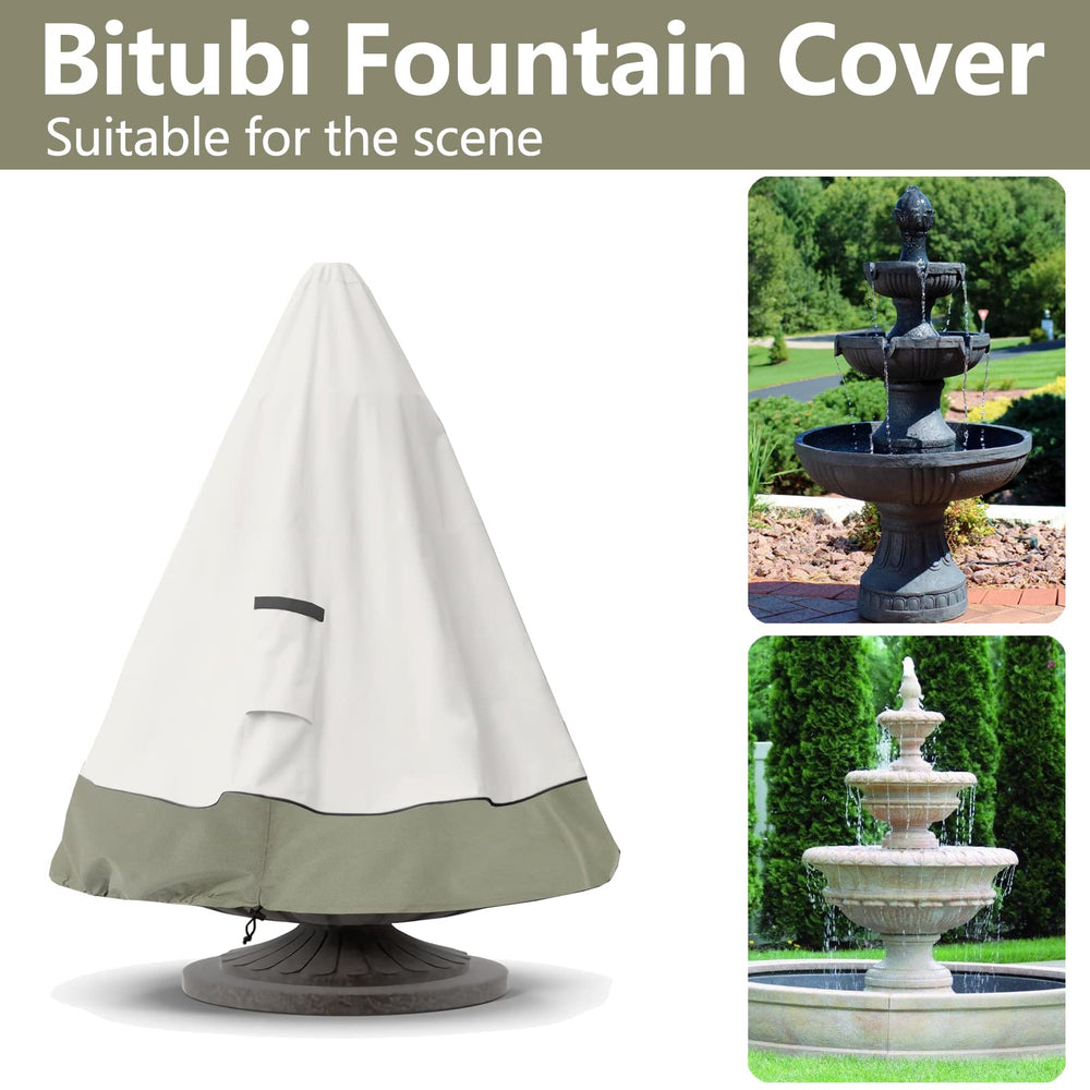Bitubi cover installed on a stone fountain demonstrating seasonal outdoor protection