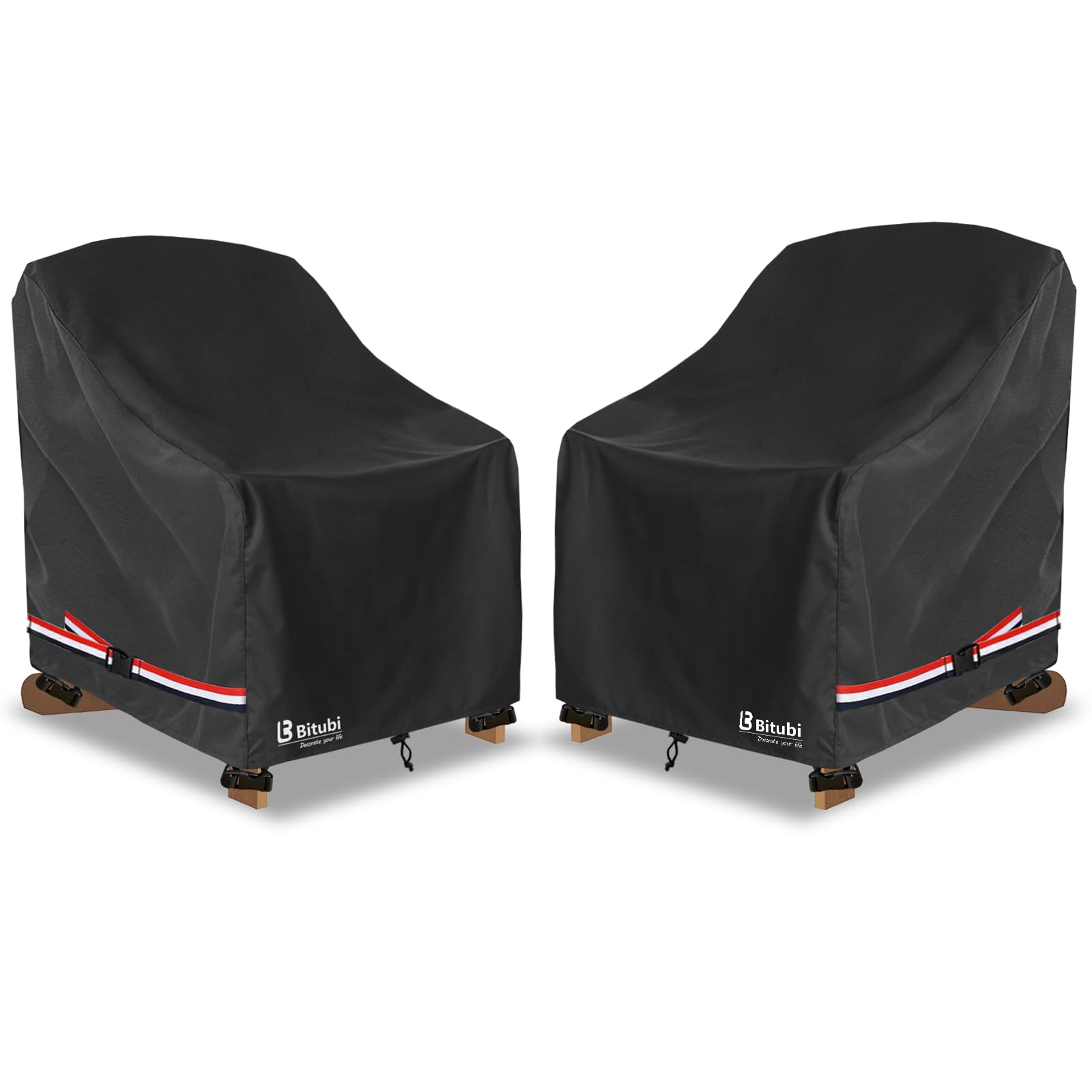 Bitubi front view of two covered Adirondack chairs showing full protection and neat look