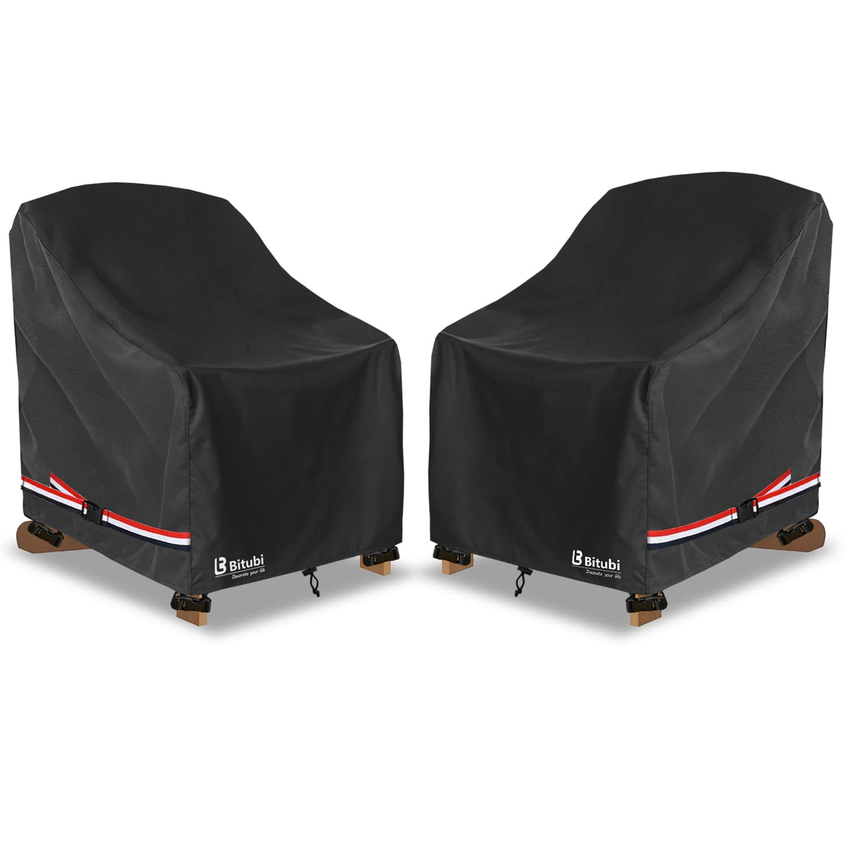 Bitubi front view of two covered Adirondack chairs showing full protection and neat look