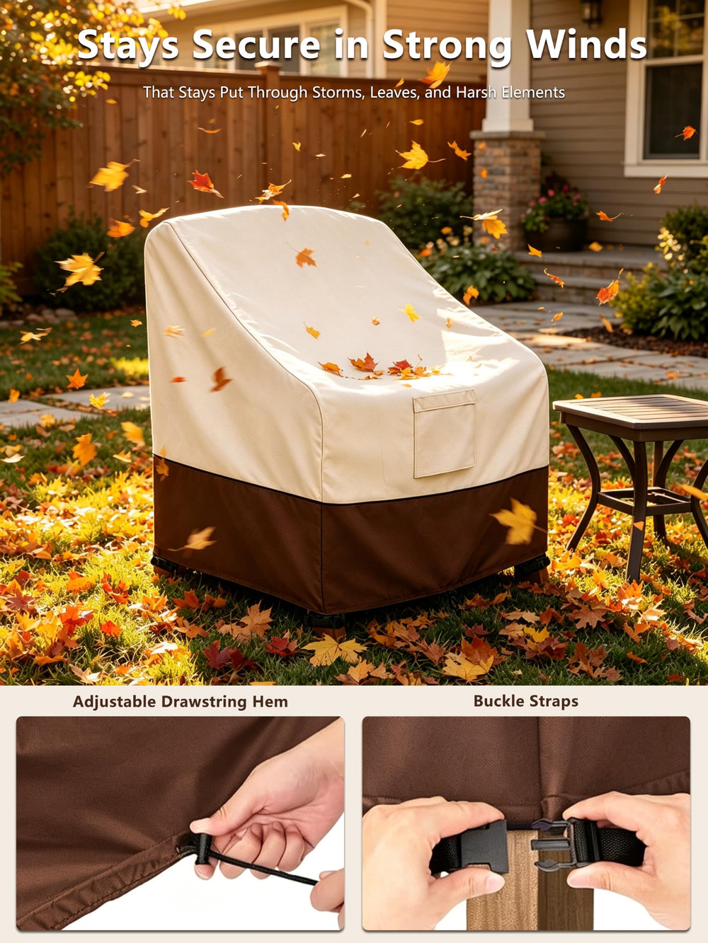 Bitubi cover beside chair for scale showing fit up to 32x35x36 inches