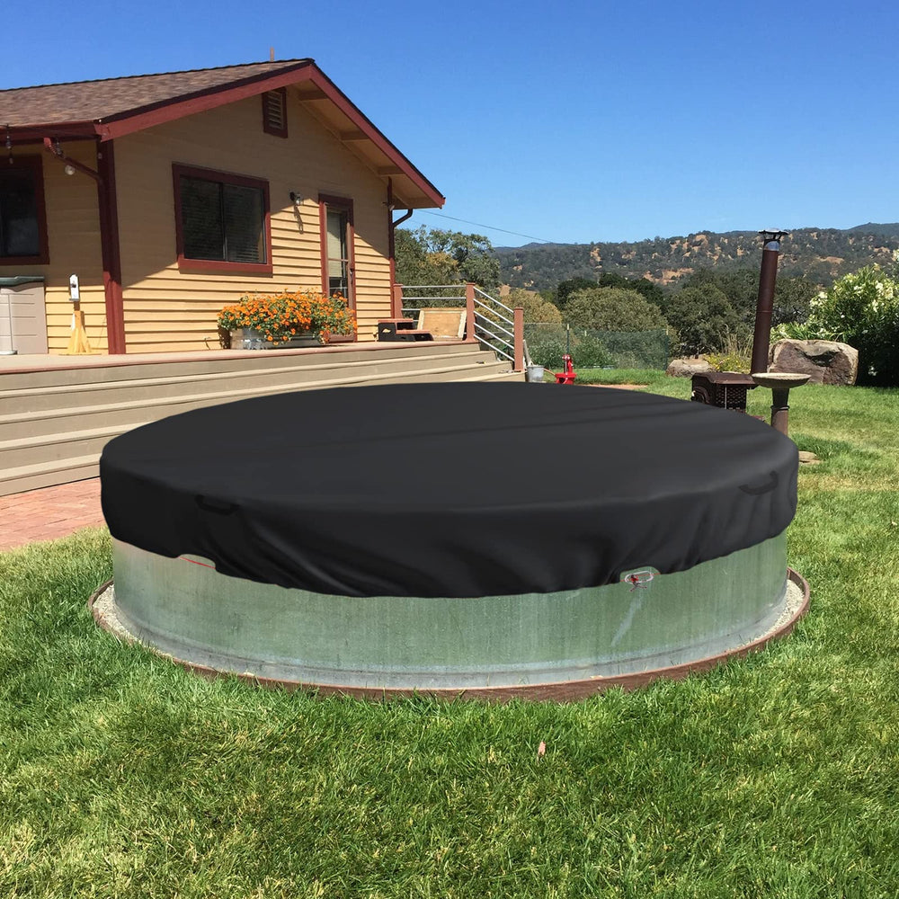 Bitubi covered steel stock tank in backyard keeping leaves and dirt out