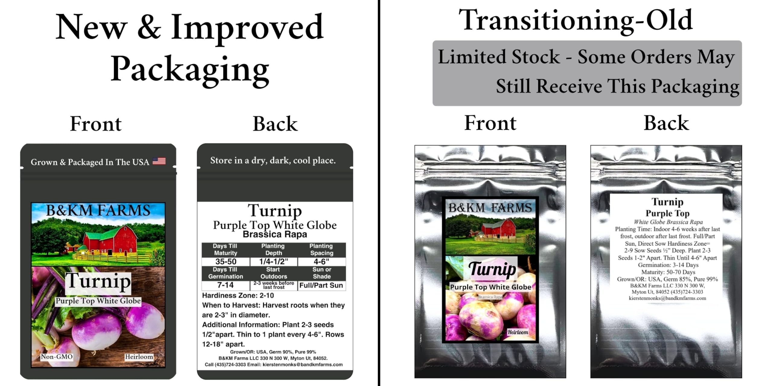 B&KM Farms mylar seed packets close-up showing moisture protection