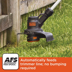 BLACK+DECKER automatic feed system detail highlights uninterrupted trimming and convenience