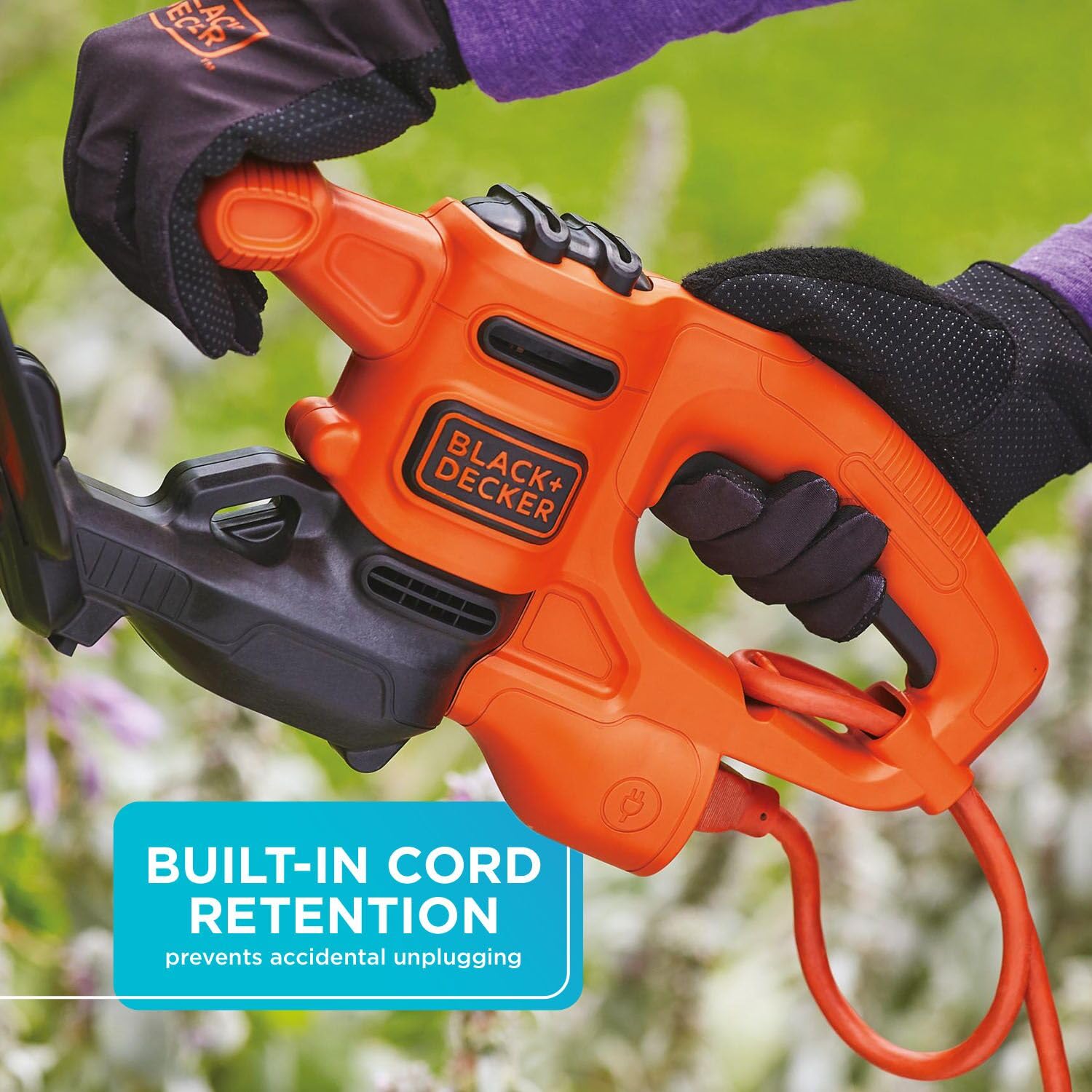 BLACK+DECKER trimming small shrubs showing lightweight maneuverability benefit