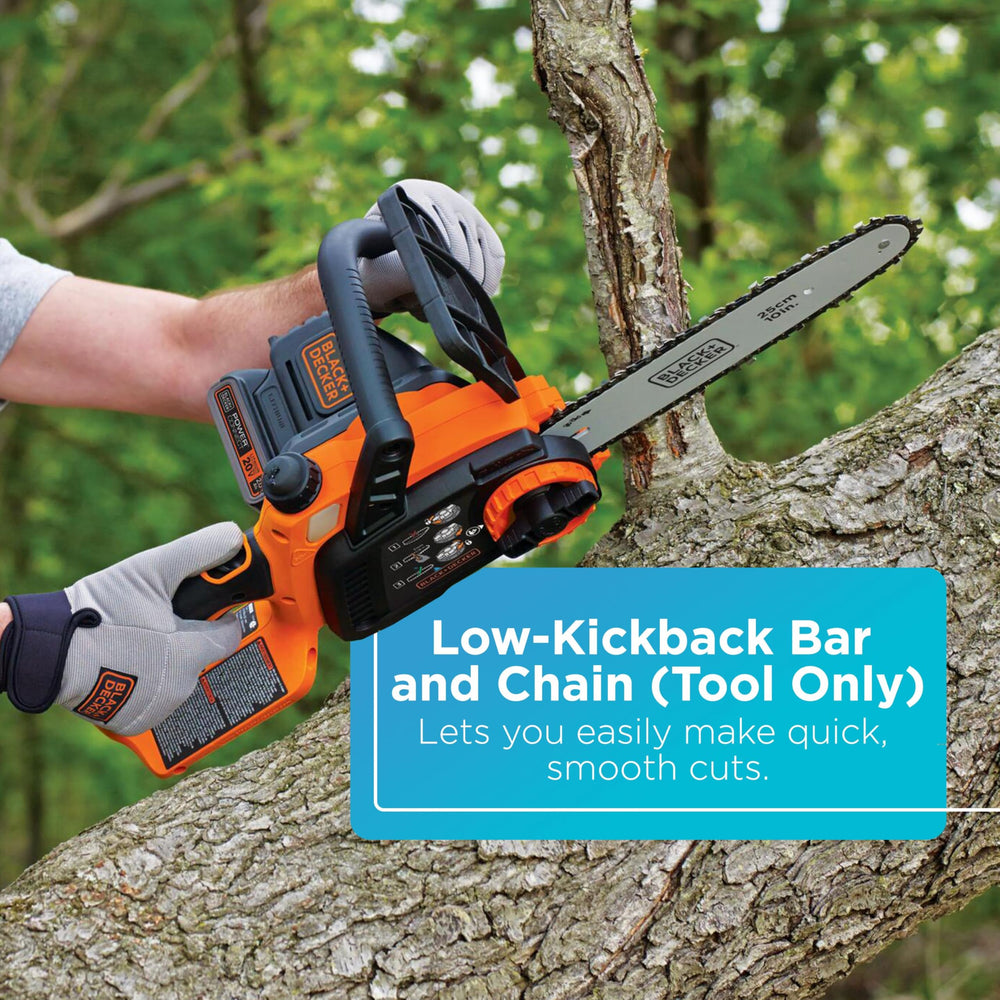 BLACK+DECKER tool-free chain tensioning knob detail for quick on-the-job adjustments