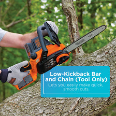 BLACK+DECKER tool-free chain tensioning knob detail for quick on-the-job adjustments